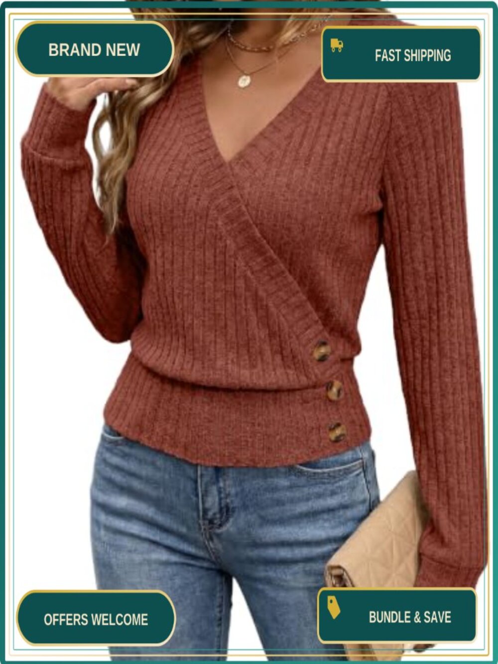 Ribbed Knit Wrap V Neck Long Sleeve Top for Women Fall